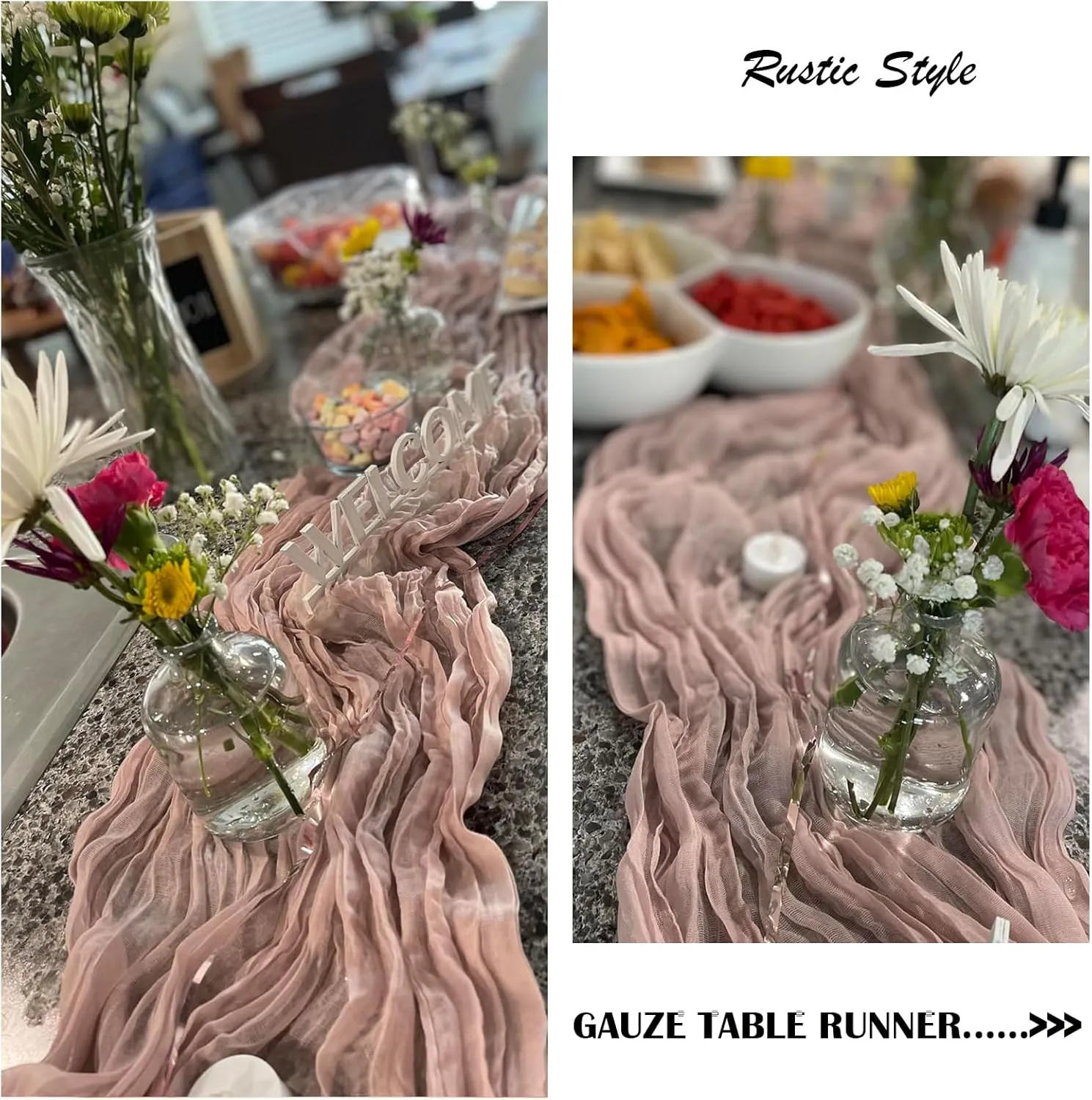 10FT 6 Pack Pink Cheesecloth Table Runner Romantic Boho Rustic Gauze Dusty Pink Summer Cheese Cloth Table Runners 35x120 inchs Decor for Wedding Bridal Baby Shower Party Birthday Home Decorations