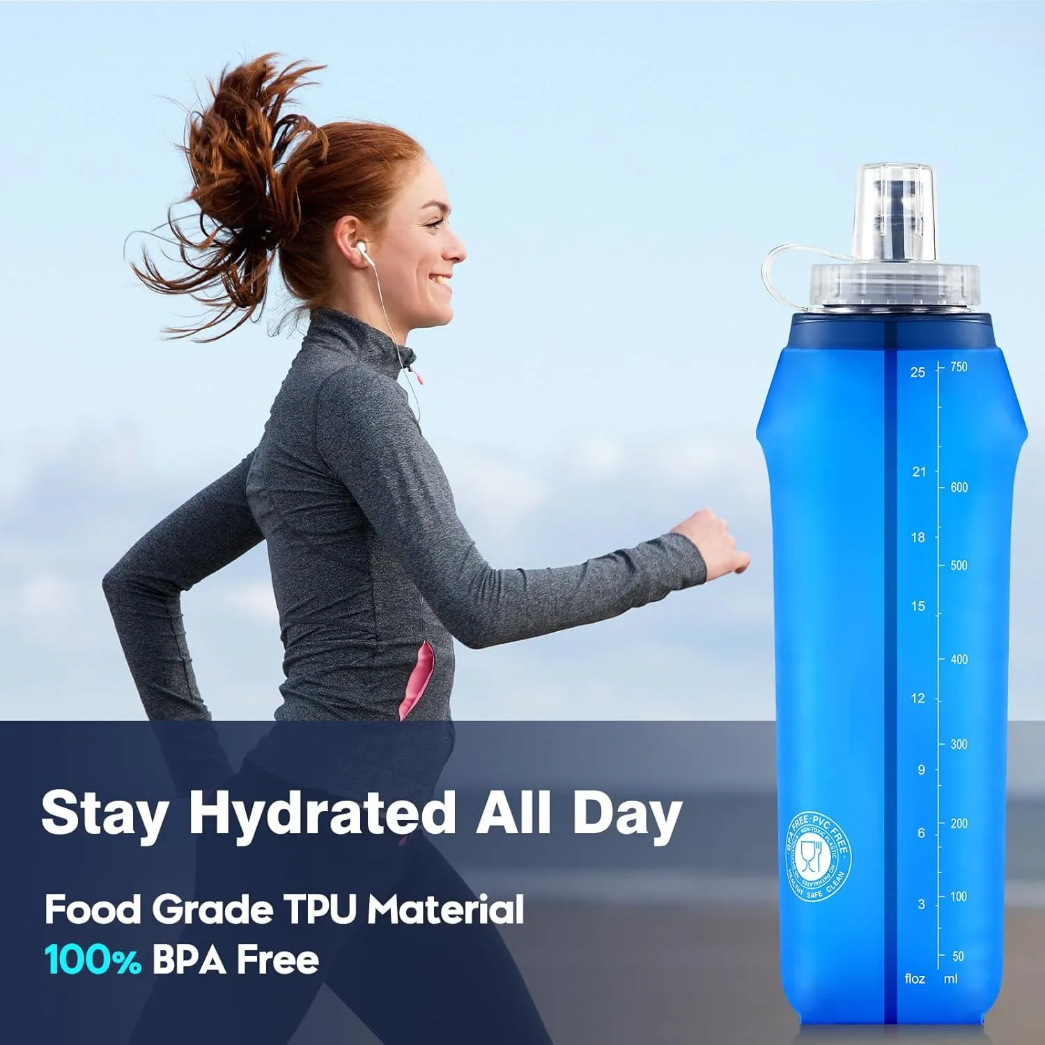 3 Pack Soft Water Bottle, 25oz/750ml Soft Flask Running Bottles for Hydration Pack, TPU Collapsible Running Bottle Reusable Handheld Running Flask for Running Hiking Cycling Climbing