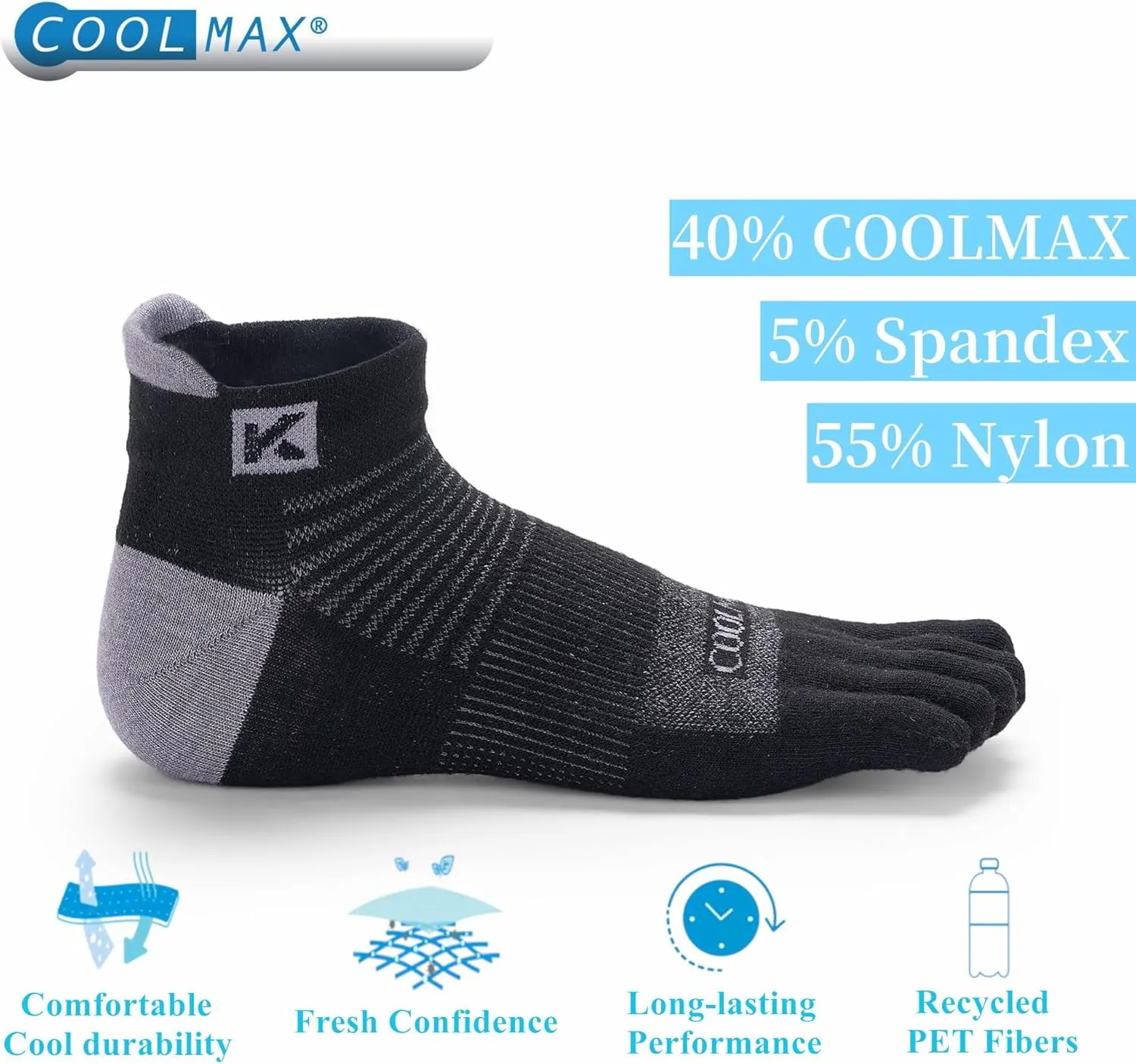 4 Pairs COOLMAX CORE Lightweight Sport Toe Running Ankle Socks