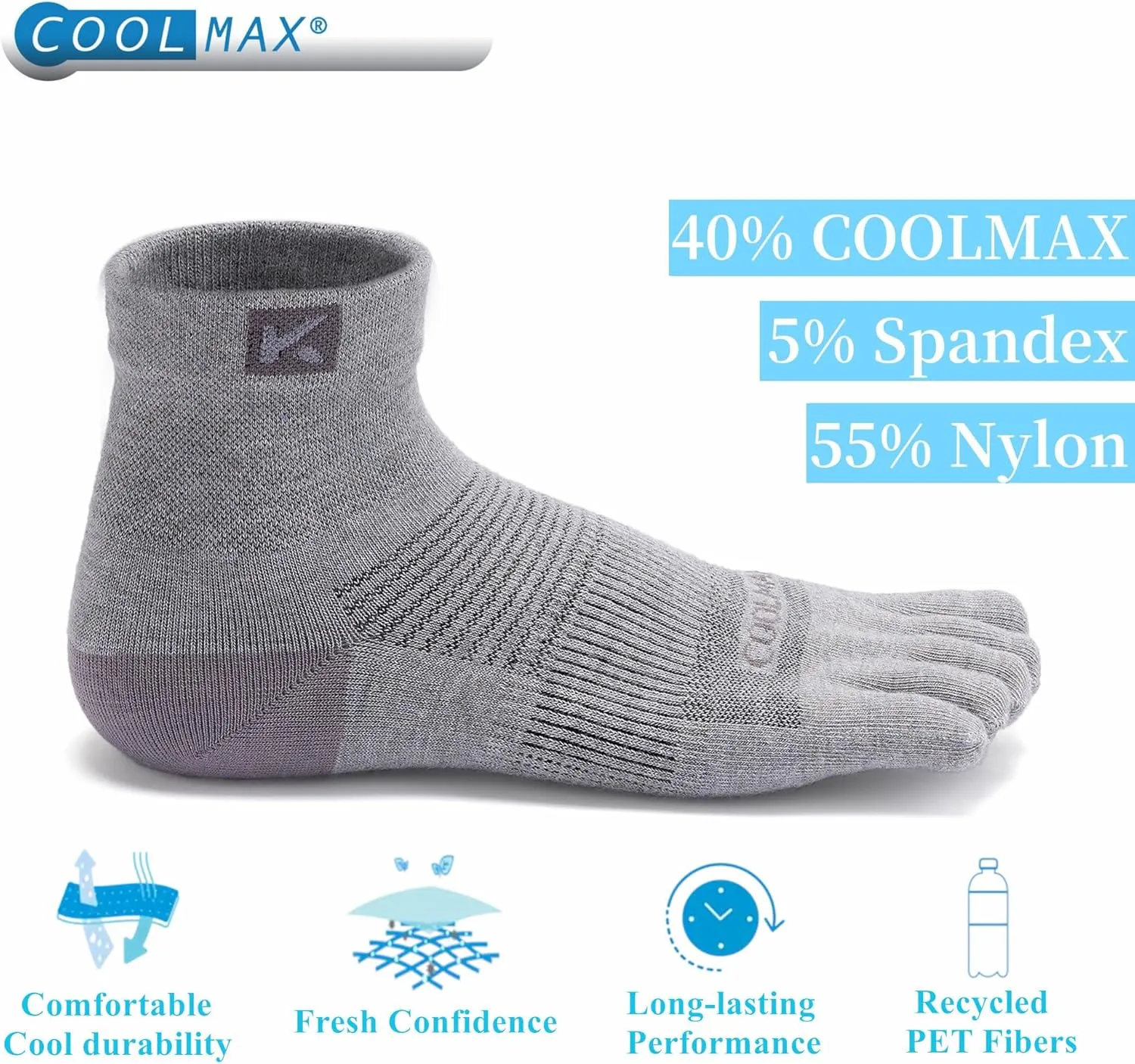 4 Pairs COOLMAX CORE Lightweight Sport Toe Running Quarter Socks