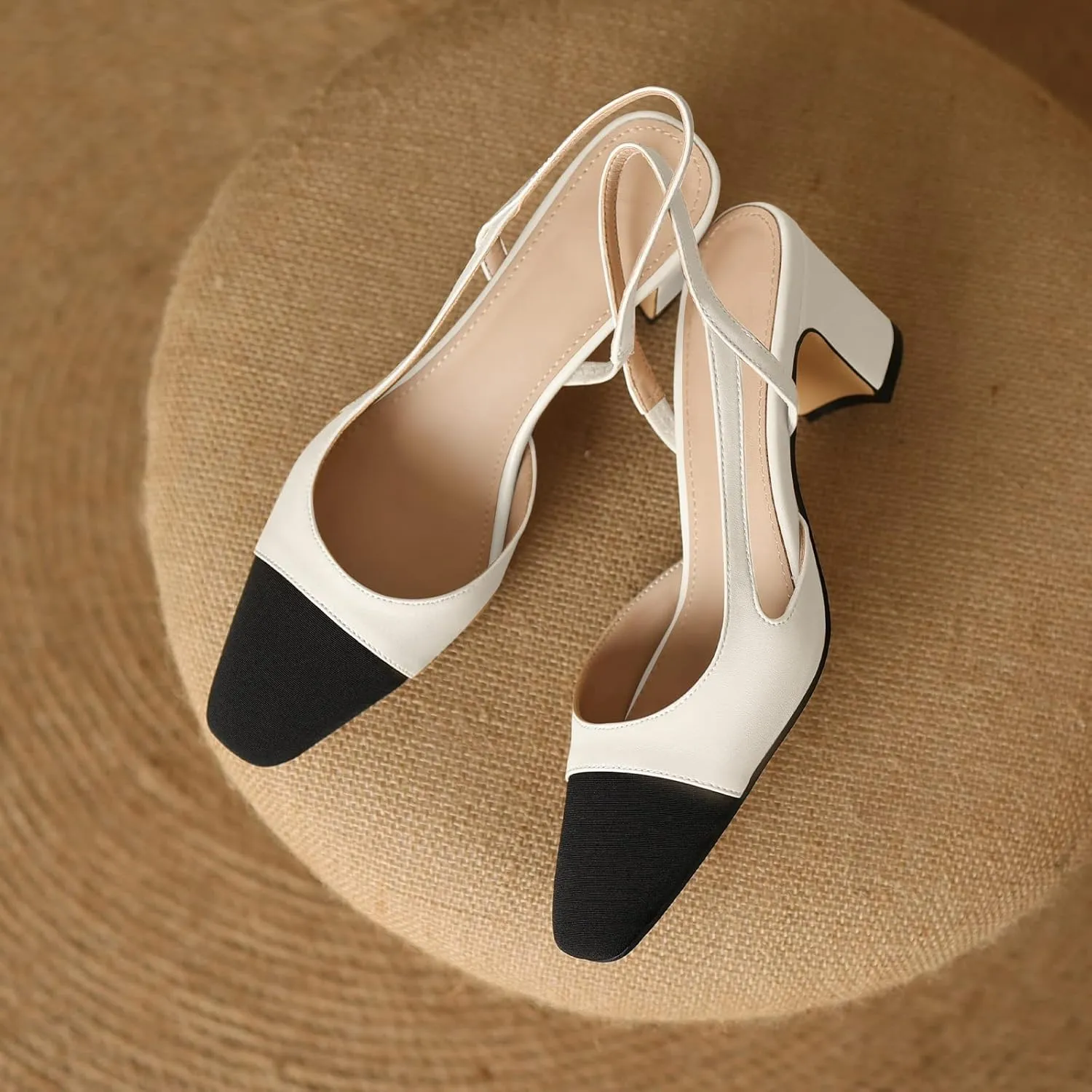 Adrizzlein Womens Slingback Heeled Pumps Closed Round Toe Block Heels Two Toned Casual Chunky Heels Office Shoes