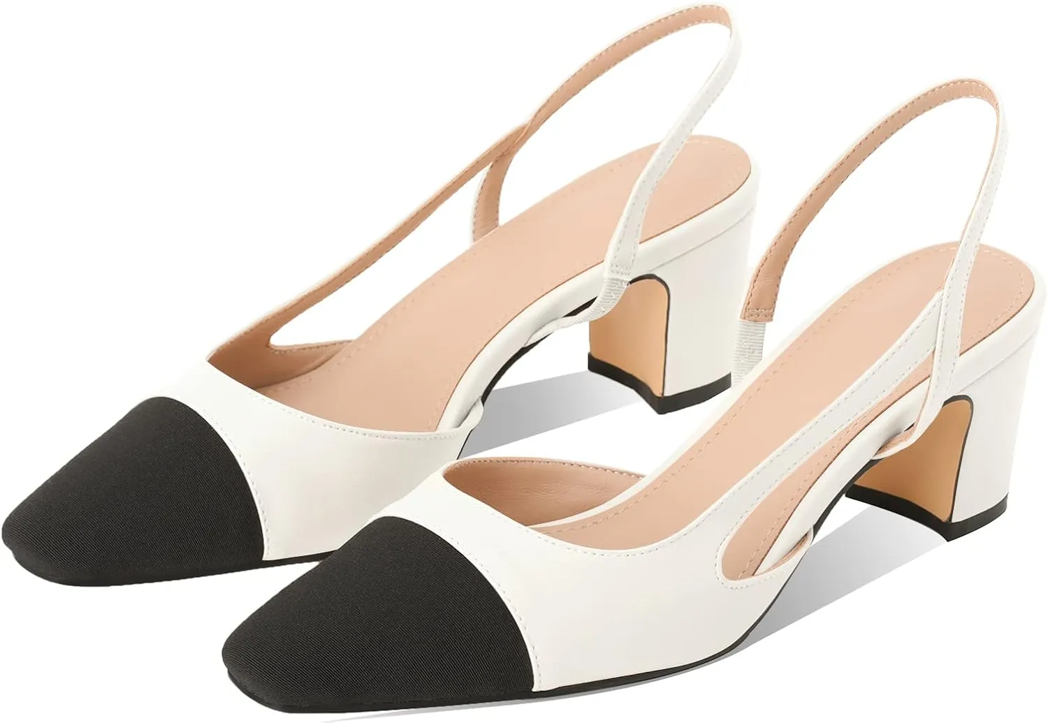 Adrizzlein Womens Slingback Heeled Pumps Closed Round Toe Block Heels Two Toned Casual Chunky Heels Office Shoes