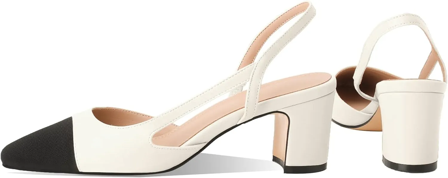 Adrizzlein Womens Slingback Heeled Pumps Closed Round Toe Block Heels Two Toned Casual Chunky Heels Office Shoes
