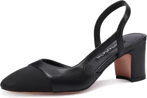 Adrizzlein Womens Slingback Heeled Pumps Closed Round Toe Block Heels Two Toned Casual Chunky Heels Office Shoes