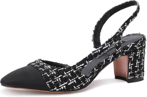 Adrizzlein Womens Slingback Heeled Pumps Closed Round Toe Block Heels Two Toned Casual Chunky Heels Office Shoes