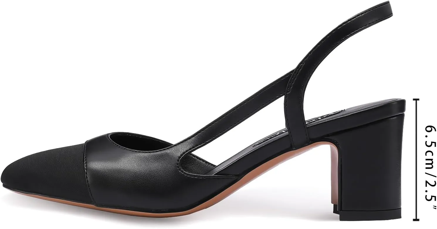 Adrizzlein Womens Slingback Heeled Pumps Closed Round Toe Block Heels Two Toned Casual Chunky Heels Office Shoes