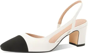 Adrizzlein Womens Slingback Heeled Pumps Closed Round Toe Block Heels Two Toned Casual Chunky Heels Office Shoes