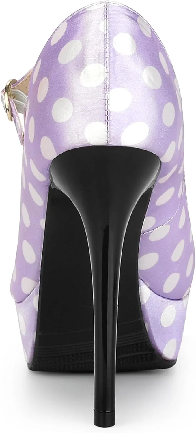 Allegra K Women's Platform Mary Jane Polka Dots Round Toe Stiletto High Heel Pumps