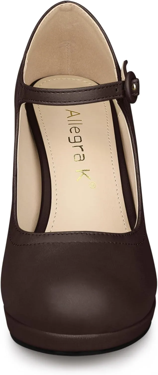 Allegra K Women's Platform Round Toe Ankle Strap Mary Jane Shoes Pump Stiletto Heel Pumps
