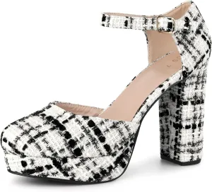 Allegra K Women's Round Toe Platform Tweed Chunky Heels Pumps