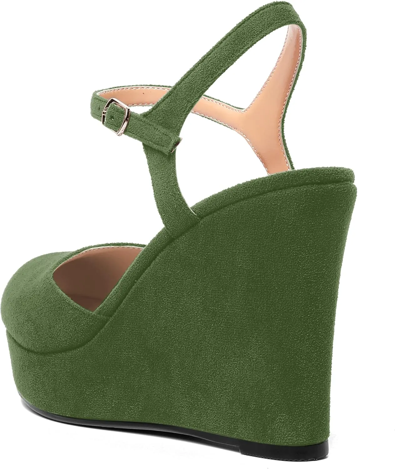 AMBELIGHT Womens Ankle Strap Sandals Night Club Round Toe Fashion Heels Suede Wedge High Heel Pumps Shoes 4 Inch