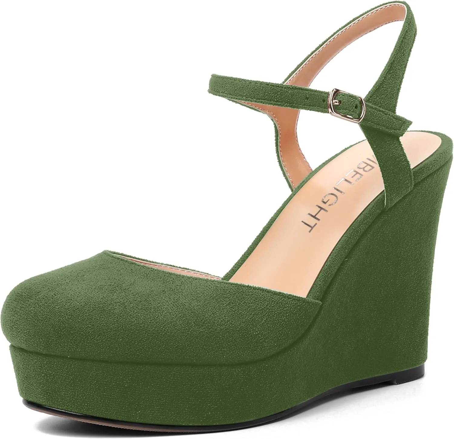 AMBELIGHT Womens Ankle Strap Sandals Night Club Round Toe Fashion Heels Suede Wedge High Heel Pumps Shoes 4 Inch