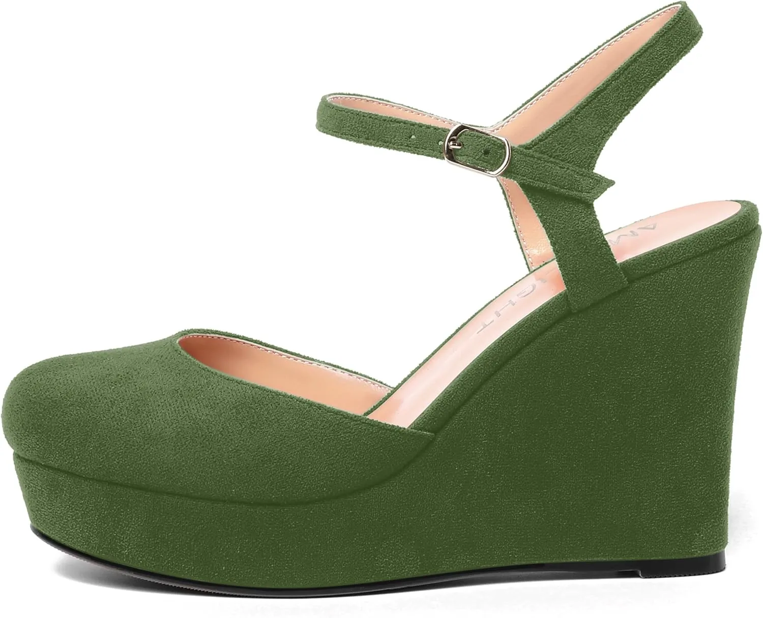 AMBELIGHT Womens Ankle Strap Sandals Night Club Round Toe Fashion Heels Suede Wedge High Heel Pumps Shoes 4 Inch