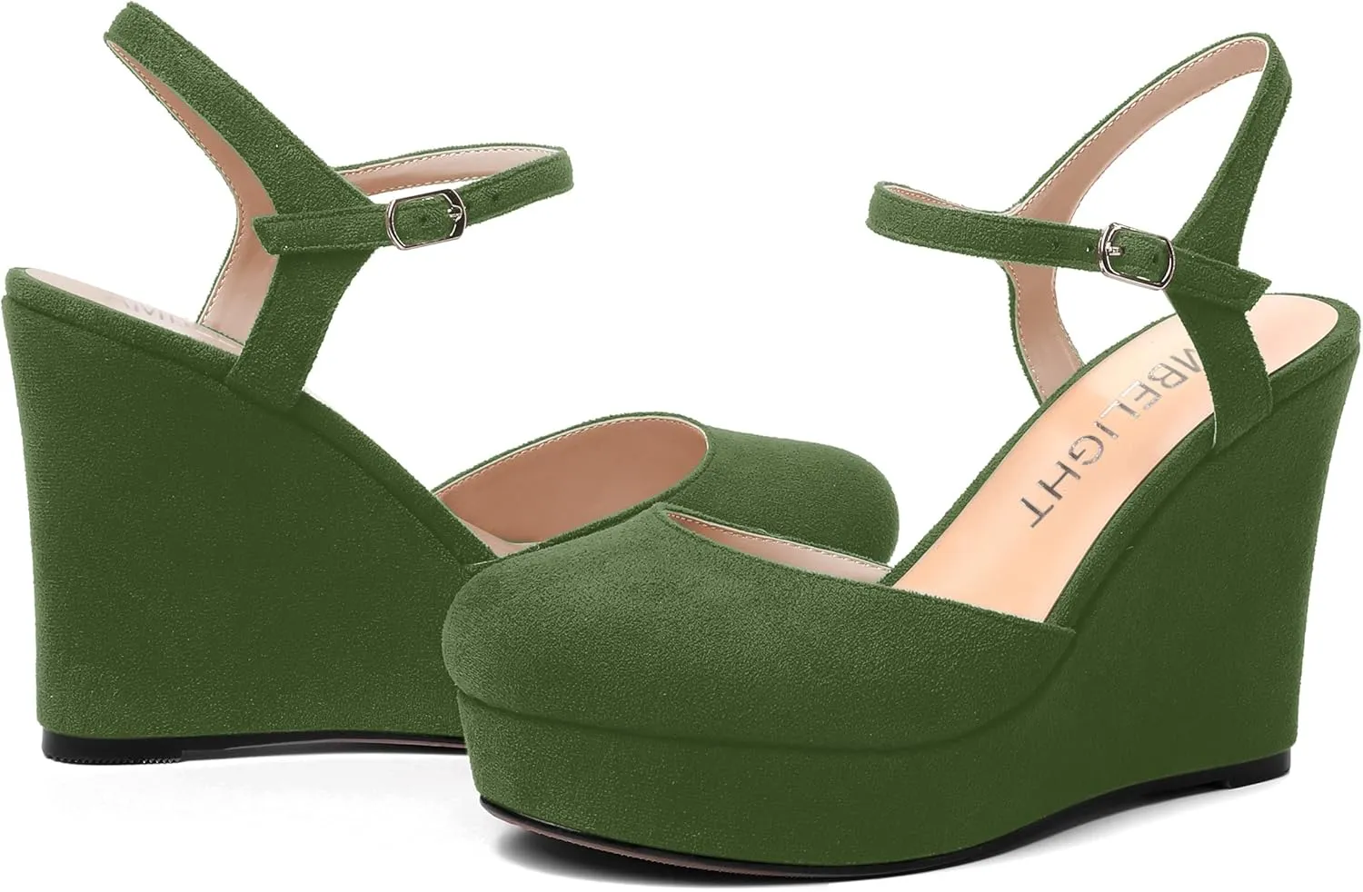AMBELIGHT Womens Ankle Strap Sandals Night Club Round Toe Fashion Heels Suede Wedge High Heel Pumps Shoes 4 Inch