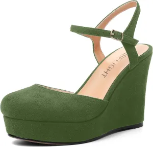 AMBELIGHT Womens Ankle Strap Sandals Night Club Round Toe Fashion Heels Suede Wedge High Heel Pumps Shoes 4 Inch
