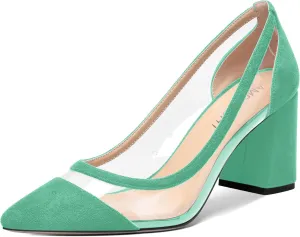 AMBELIGHT Womens Suede Dress PVC Pointed Toe Solid Slip On Office Block High Heel Pumps Shoes 3.3 Inch