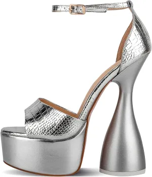 anteikira Women's High Heels Fashion Platform Ankle Straps Special Heel Round Open Toe Stone Pattern Summer Shopping Work Pumps