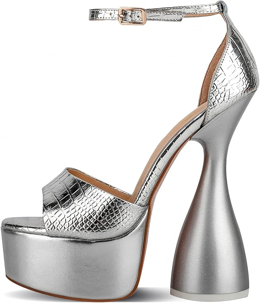 anteikira Women's High Heels Fashion Platform Ankle Straps Special Heel Round Open Toe Stone Pattern Summer Shopping Work Pumps
