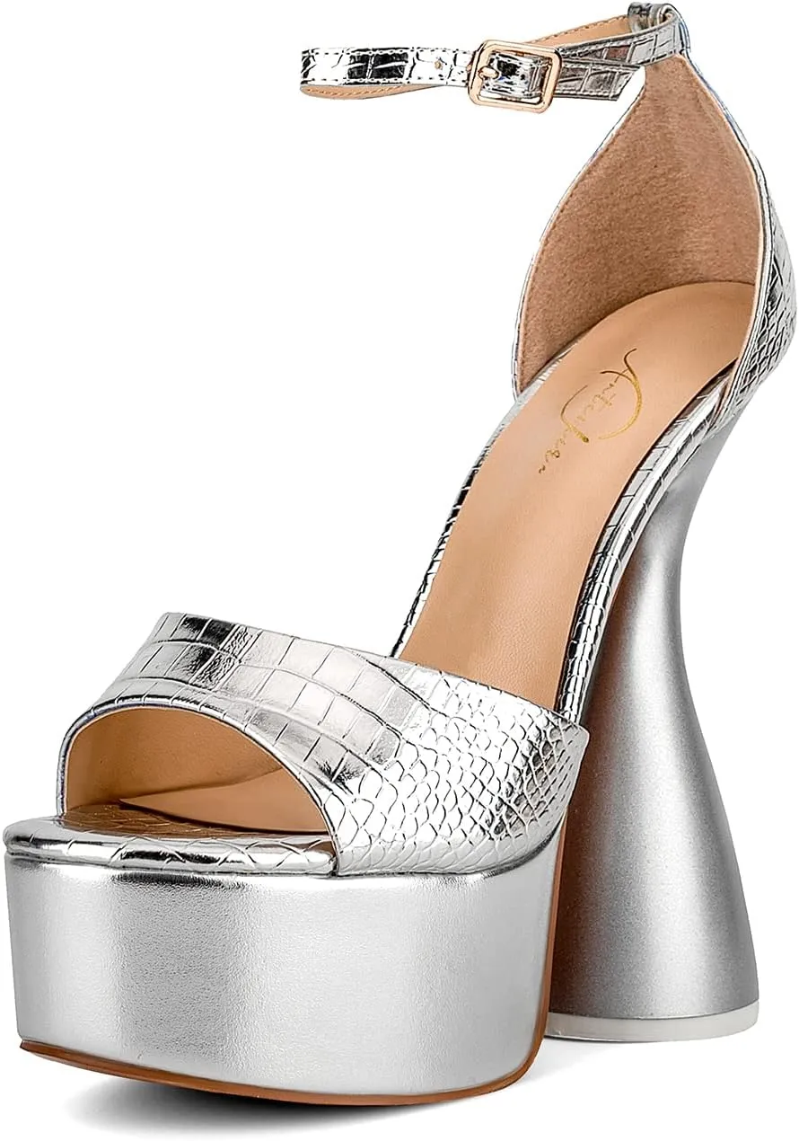 anteikira Women's High Heels Fashion Platform Ankle Straps Special Heel Round Open Toe Stone Pattern Summer Shopping Work Pumps