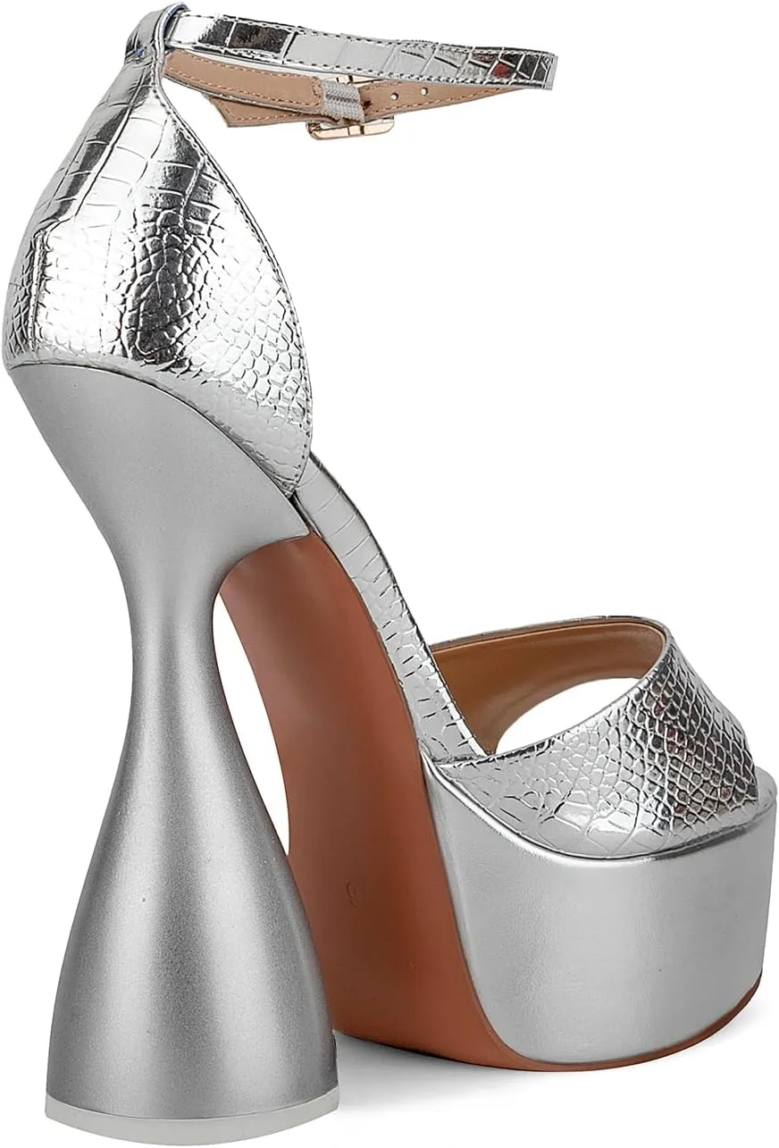 anteikira Women's High Heels Fashion Platform Ankle Straps Special Heel Round Open Toe Stone Pattern Summer Shopping Work Pumps