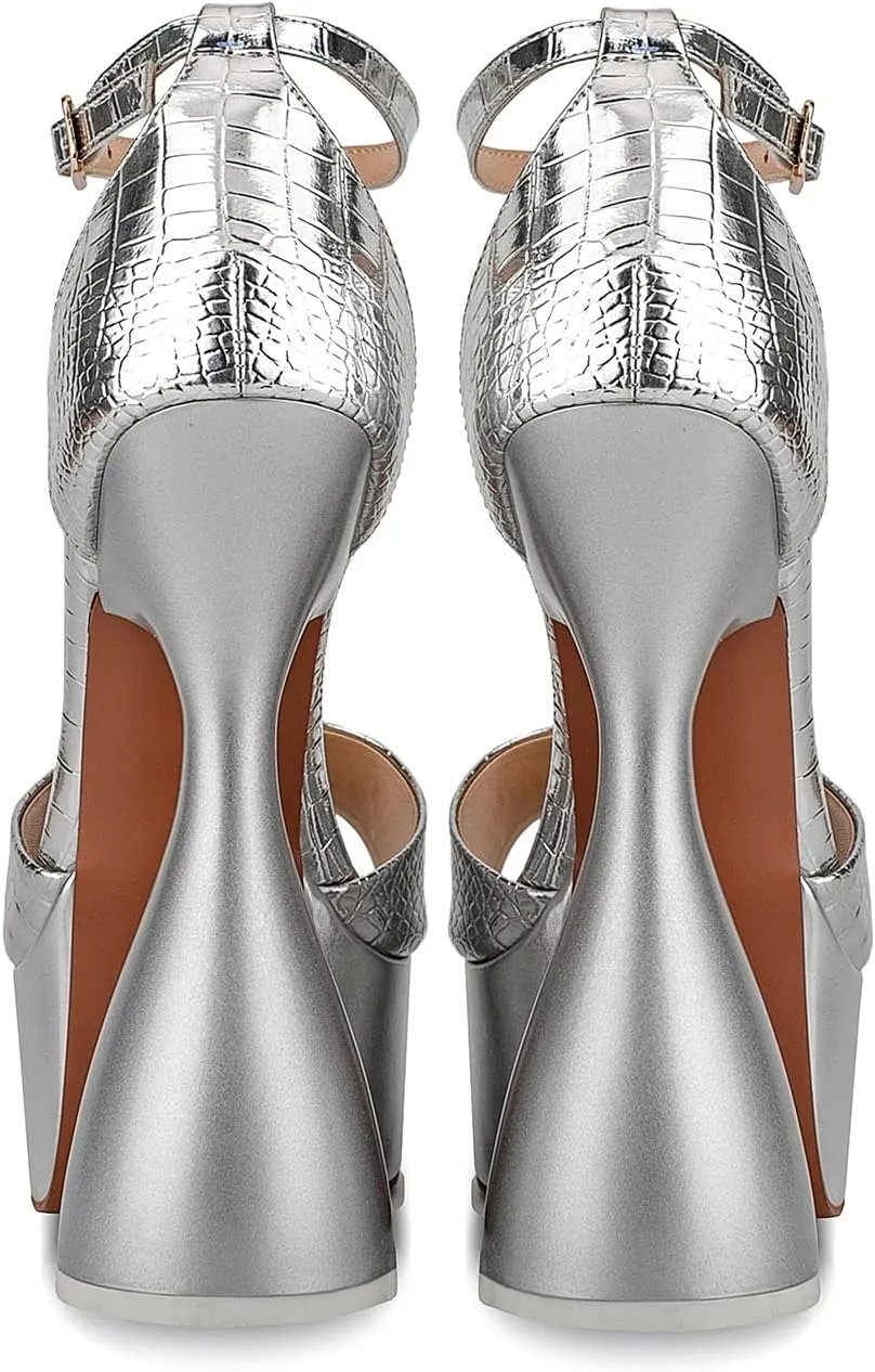 anteikira Women's High Heels Fashion Platform Ankle Straps Special Heel Round Open Toe Stone Pattern Summer Shopping Work Pumps