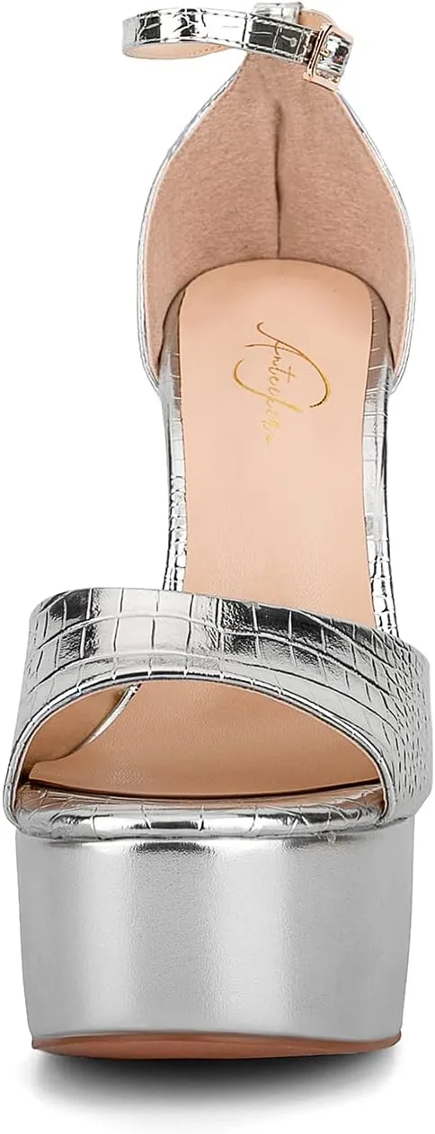 anteikira Women's High Heels Fashion Platform Ankle Straps Special Heel Round Open Toe Stone Pattern Summer Shopping Work Pumps