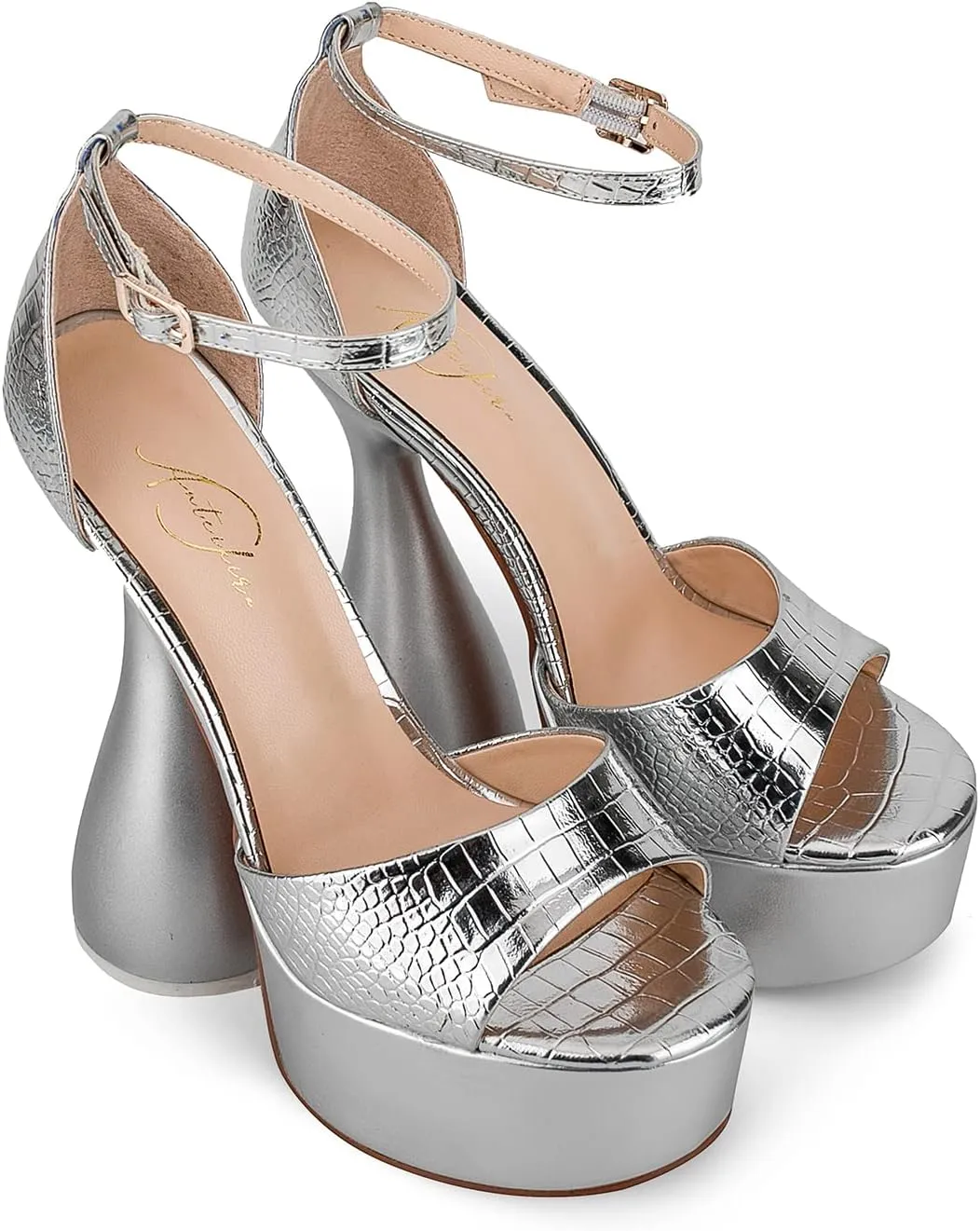 anteikira Women's High Heels Fashion Platform Ankle Straps Special Heel Round Open Toe Stone Pattern Summer Shopping Work Pumps