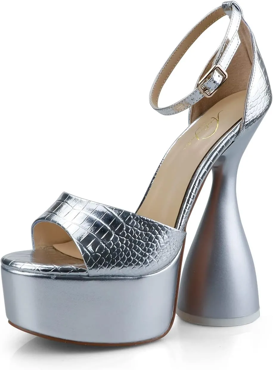 anteikira Women's High Heels Fashion Platform Ankle Straps Special Heel Round Open Toe Stone Pattern Summer Shopping Work Pumps