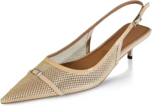 anteikira Women's Kitten Heel Mesh Slingback Pumps Low Heel Pointed Toe Buckle Fashion Dress Shoes Closed Toe Casual Work Office Slingbacks for Women