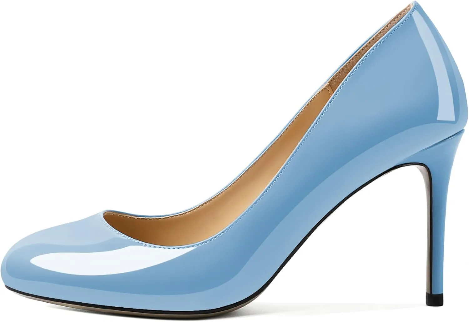 AUMOTED Women Casual Patent Round Toe Pumps Stiletto High Heel Slip On Evening Wedding Dress Shoes 3.4 Inch