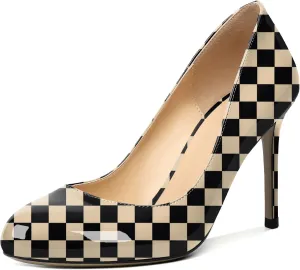 AUMOTED Women Casual Patent Round Toe Pumps Stiletto High Heel Slip On Evening Wedding Dress Shoes 3.4 Inch
