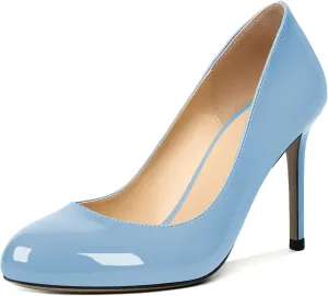 AUMOTED Women Casual Patent Round Toe Pumps Stiletto High Heel Slip On Evening Wedding Dress Shoes 3.4 Inch