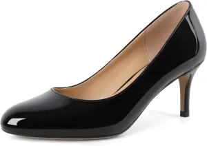 AUMOTED Women Stiletto Low Mid Heel Pumps Solid Closed Round Toe Heeled Patent Ladies Office Classic Dress Shoes 2.5 Inches