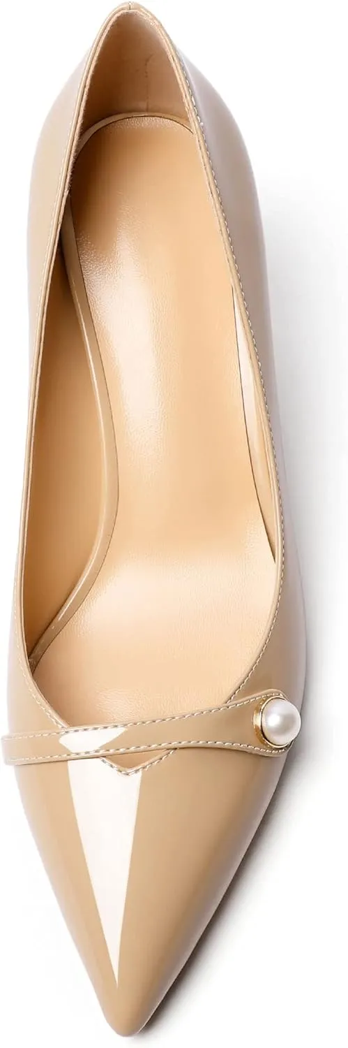 AUMOTED Women's Chunky Block Heel Pumps Pointed Toe Slip On Chunky Pearl Heels Ladies Work Office Dress Shoes 2.5 Inches