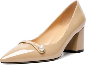 AUMOTED Women's Chunky Block Heel Pumps Pointed Toe Slip On Chunky Pearl Heels Ladies Work Office Dress Shoes 2.5 Inches