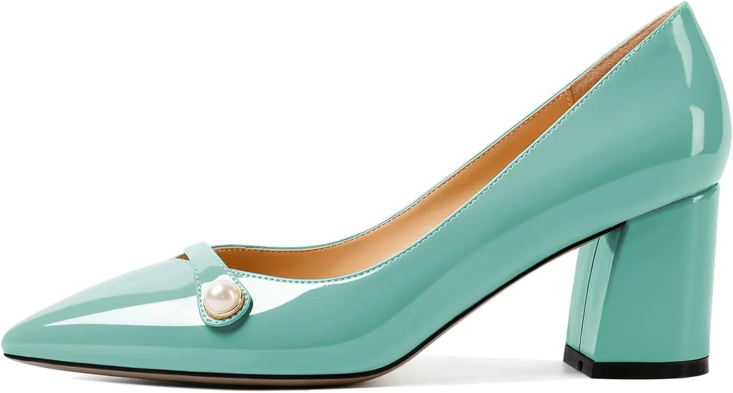 AUMOTED Women's Chunky Block Heel Pumps Pointed Toe Slip On Chunky Pearl Heels Ladies Work Office Dress Shoes 2.5 Inches