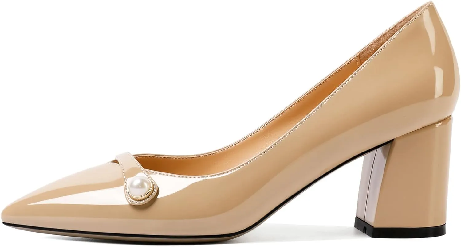AUMOTED Women's Chunky Block Heel Pumps Pointed Toe Slip On Chunky Pearl Heels Ladies Work Office Dress Shoes 2.5 Inches