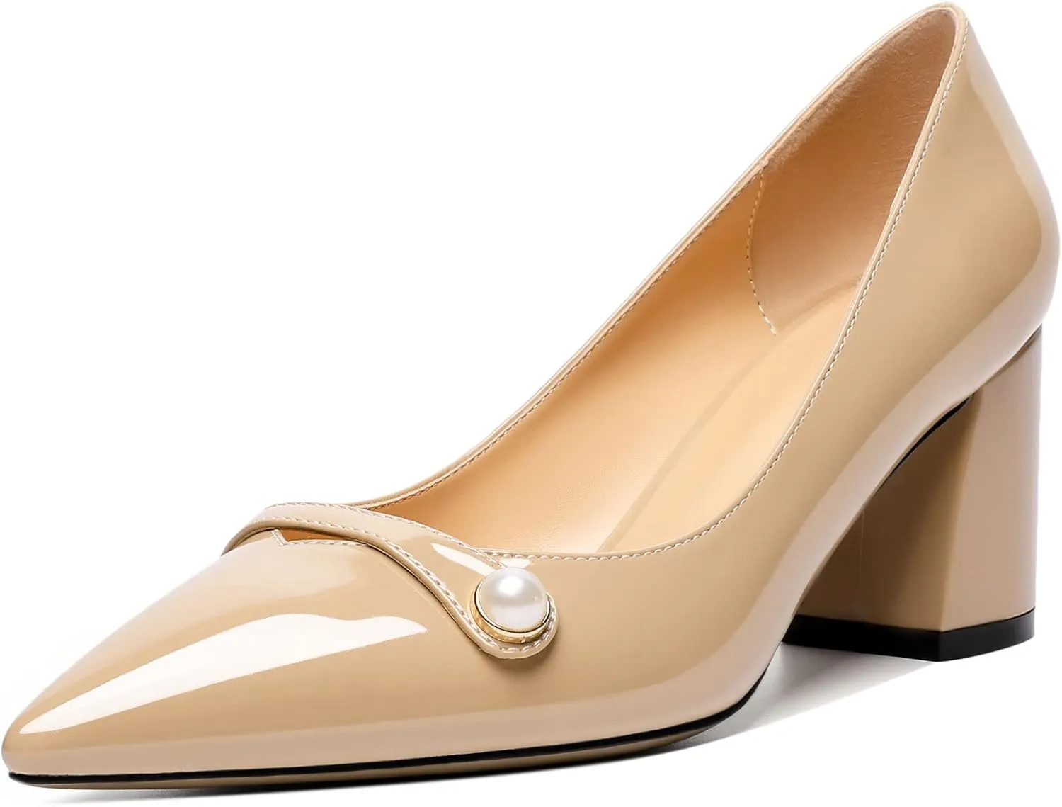 AUMOTED Women's Chunky Block Heel Pumps Pointed Toe Slip On Chunky Pearl Heels Ladies Work Office Dress Shoes 2.5 Inches