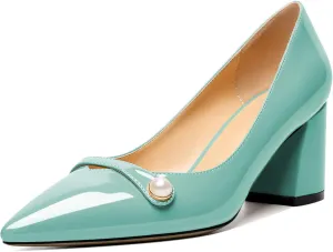 AUMOTED Women's Chunky Block Heel Pumps Pointed Toe Slip On Chunky Pearl Heels Ladies Work Office Dress Shoes 2.5 Inches