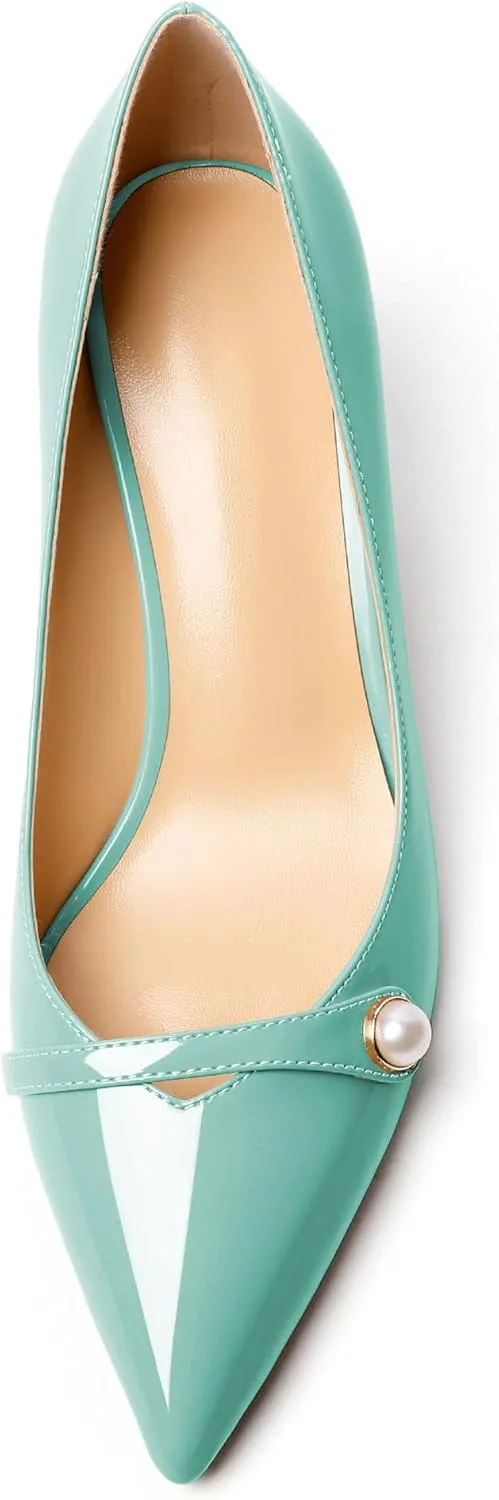 AUMOTED Women's Chunky Block Heel Pumps Pointed Toe Slip On Chunky Pearl Heels Ladies Work Office Dress Shoes 2.5 Inches