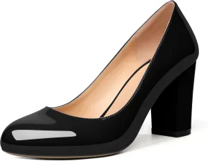 AUMOTED Women's Chunky Block High Heel Pumps Solid Round Toe Pumps Shoes 3.4 Inch Patent Dating Slip On Dress Shoes 3.4 Inch US Size 5-13