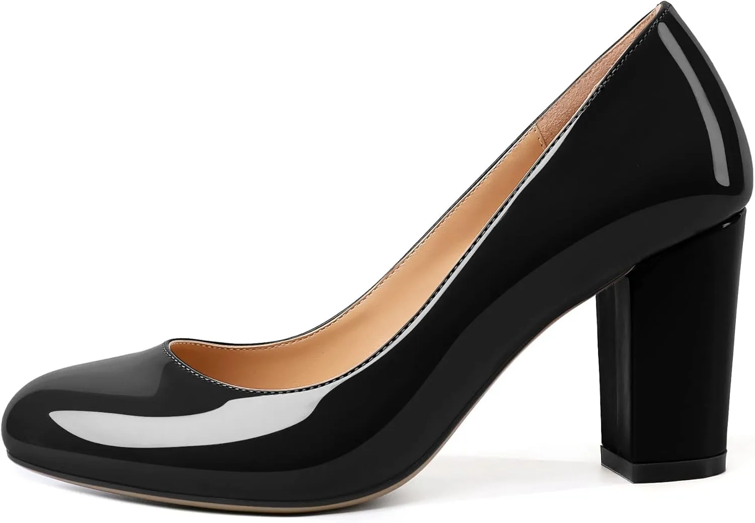 AUMOTED Women's Chunky Block High Heel Pumps Solid Round Toe Pumps Shoes 3.4 Inch Patent Dating Slip On Dress Shoes 3.4 Inch US Size 5-13