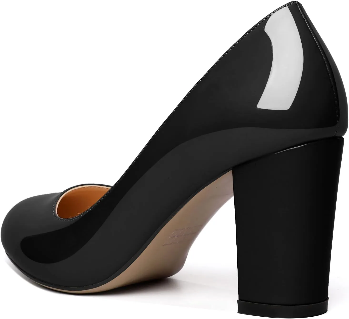 AUMOTED Women's Chunky Block High Heel Pumps Solid Round Toe Pumps Shoes 3.4 Inch Patent Dating Slip On Dress Shoes 3.4 Inch US Size 5-13