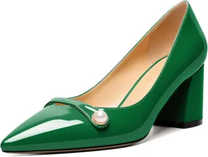 AUMOTED Womens Chunky Pumps Patent Party Pointed Toe Slip On Fashion Casual Block Mid Heel Pumps Dress Shoes 2.5 Inch for Wedding Bridal Date Green US Size 9