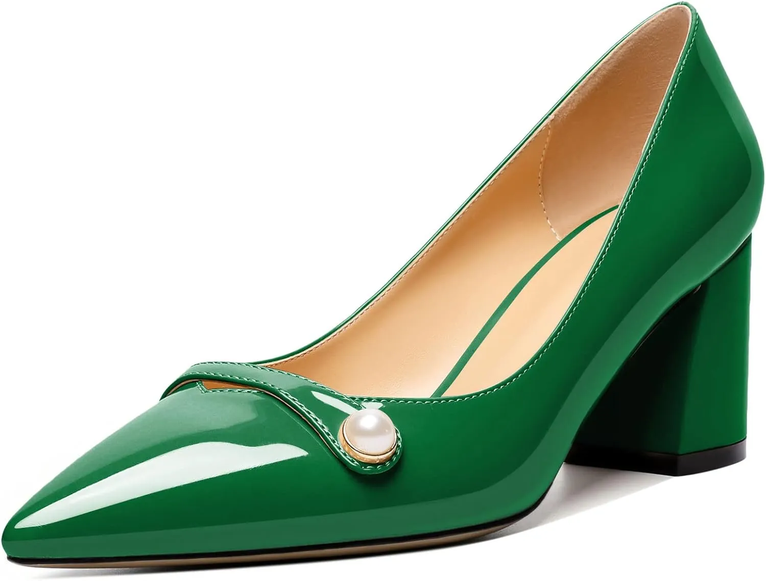 AUMOTED Womens Chunky Pumps Patent Party Pointed Toe Slip On Fashion Casual Block Mid Heel Pumps Dress Shoes 2.5 Inch for Wedding Bridal Date Green US Size 9