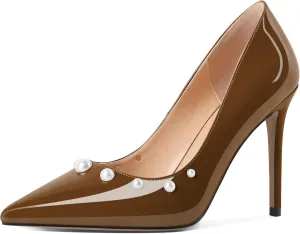 AUMOTED Womens Sexy Patent Pointed Toe Pumps Stiletto High Heel Pumps Slip On with Pearl Evening Wedding Dressy Shoes 4 Inch