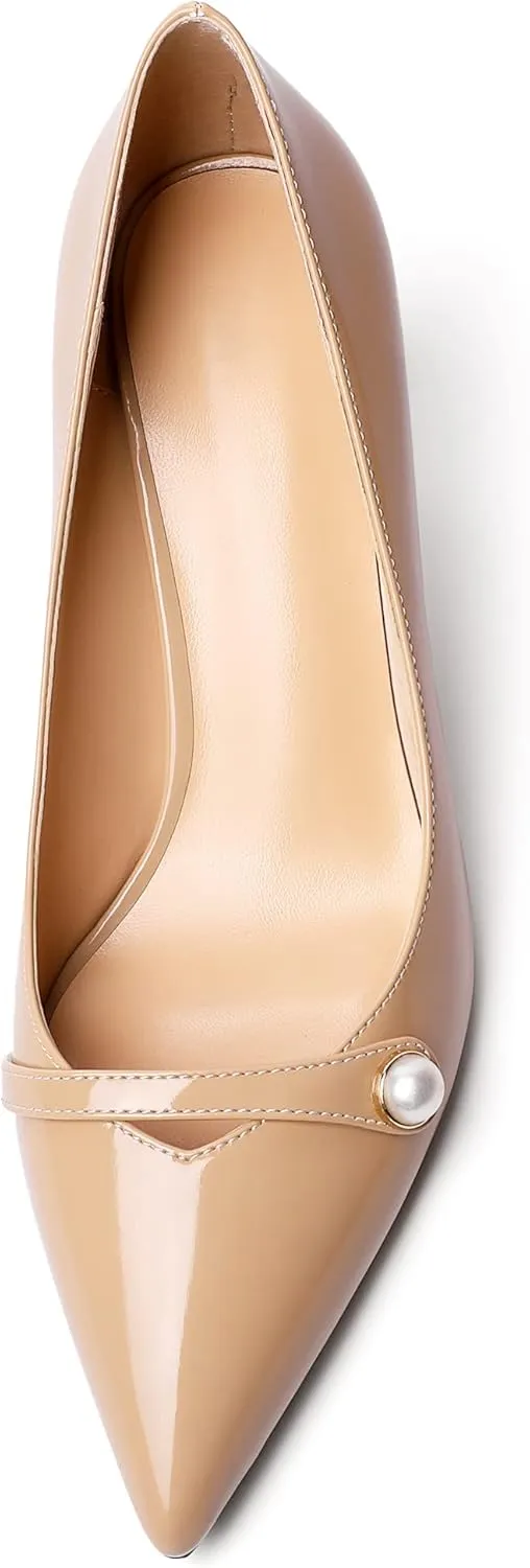 AUMOTED Womens Sexy Patent Pointed Toe Pumps Stiletto Mid Heel Pumps Slip On with Pearl Evening Wedding Dress Shoes 2.5 Inch