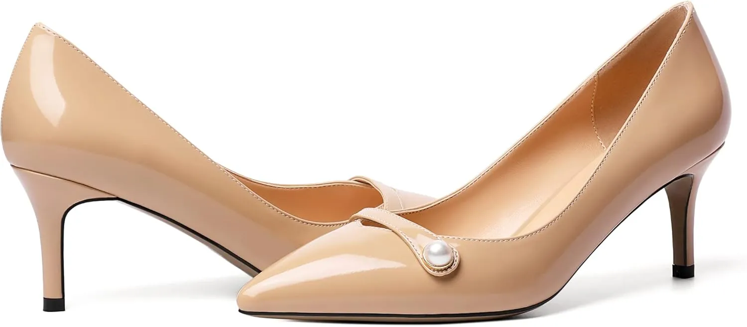 AUMOTED Womens Sexy Patent Pointed Toe Pumps Stiletto Mid Heel Pumps Slip On with Pearl Evening Wedding Dress Shoes 2.5 Inch