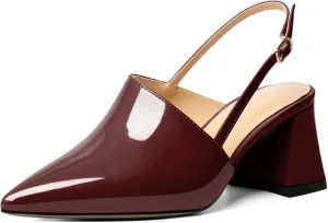 AUMOTED Women's Slingback Block Heels Pointed Closed Toe Patent Solid Mid Heel Pumps Chunky Dating Party Dress Shoes 2.5 Inch