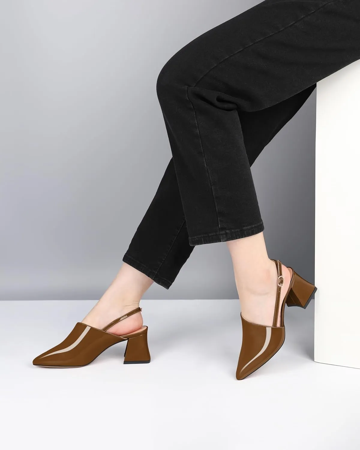 AUMOTED Women's Slingback Block Heels Pointed Closed Toe Patent Solid Mid Heel Pumps Chunky Dating Party Dress Shoes 2.5 Inch
